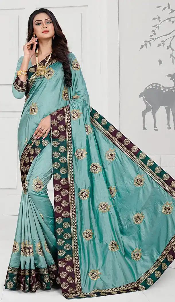 Turquoise Blue Color Art Silk Designer Long Sleeve Blouse Party Wear Saree - 65265417