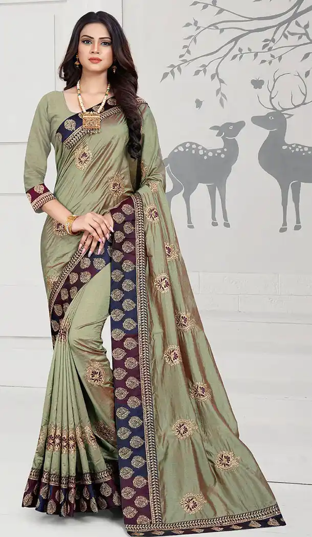 Olive Green Color Art Silk Designer Long Sleeve Blouse Party Wear Saree - 65265418