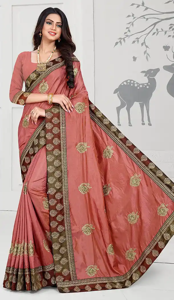 Rust Color Art Silk Designer Long Sleeve Blouse Party Wear Saree - 65265419