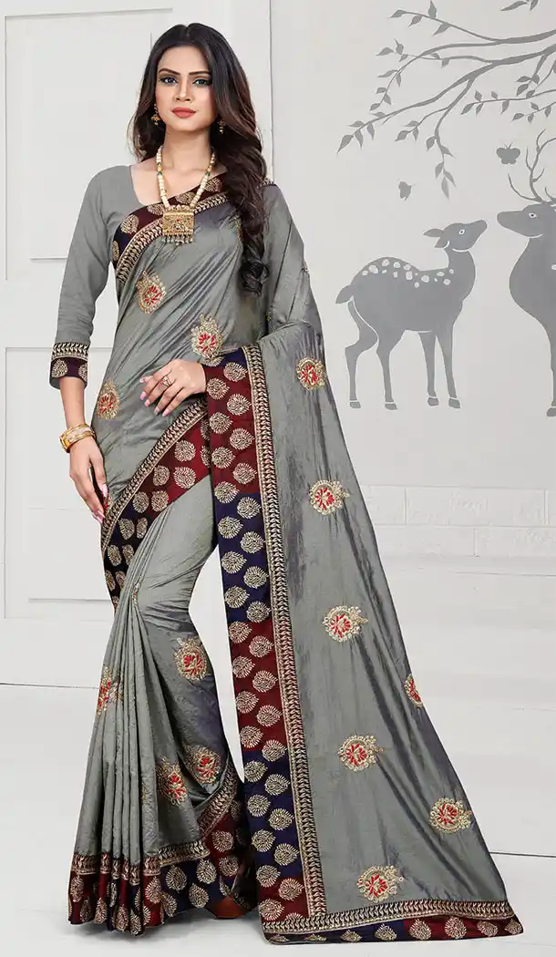 Chic Grey Color Art Silk Designer Long Sleeve Blouse Party Wear Saree - 65265420