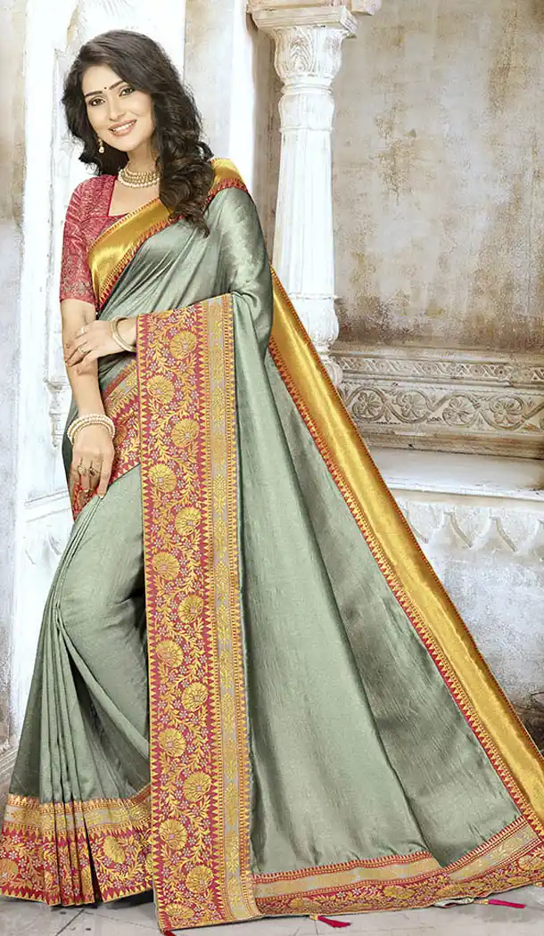 Chic Grey Color Chinon Silk Treditional Wear Saris Blouse - 65405545
