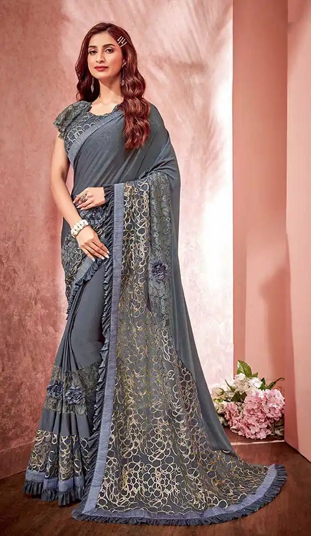 Dark Grey Color Lycra And Fancy Net Designer Party Wear Saree Blouse - 65475612