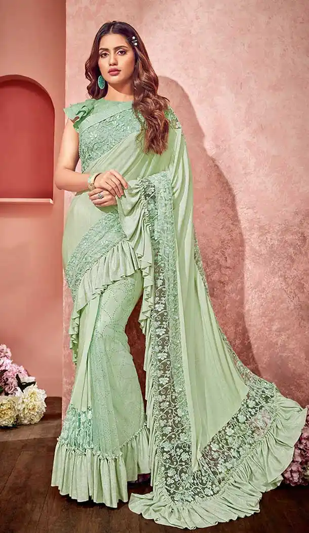 Pastel Green Color Lycra And Fancy Net Designer Party Wear Saree Blouse - 65475613