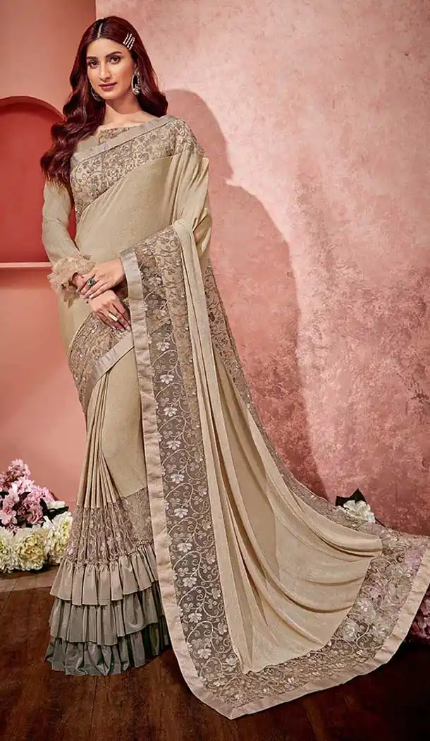 Beige Color Lycra And Fancy Net Designer Party Wear Saree Blouse - 65475614