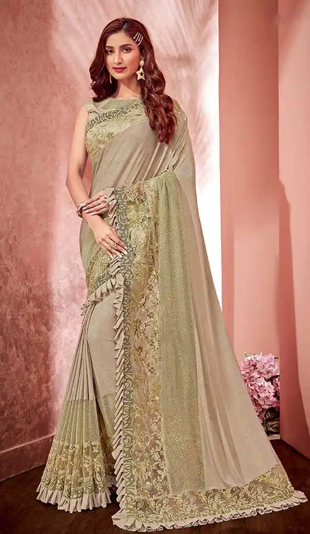 Cream Color Lycra And Fancy Net Designer Party Wear Saree Blouse - 65475617