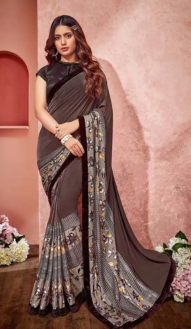 Brown Color Lycra And Fancy Net Designer Party Wear Saree Blouse - 65475618