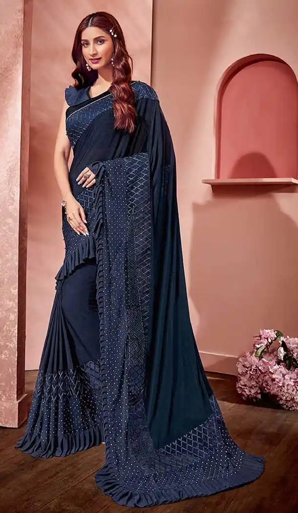 Navy Blue Color Lycra And Fancy Net Designer Party Wear Saree Blouse - 65475621