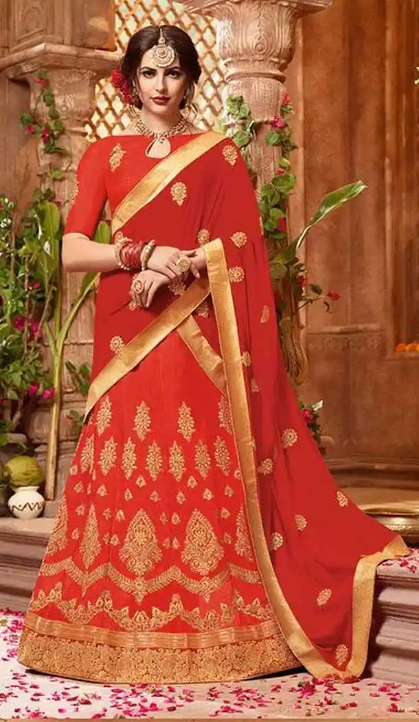 Red Color Art Silk Embroidery Party Wear Lehenga Choli - 65455595
