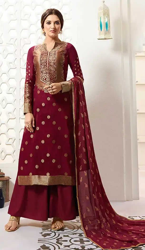 Maroon Color Banarasi Silk Evening Party Wear Palazzo Salwar Kameez - 65505637