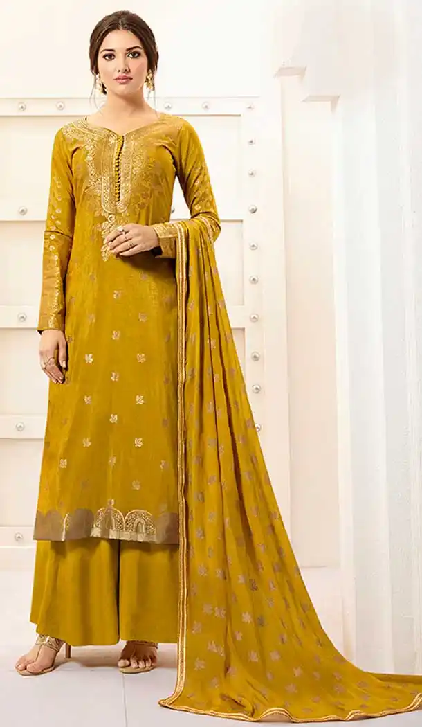 Musturd Yellow Color Banarasi Silk Evening Party Wear Palazzo Salwar Kameez - 65505638