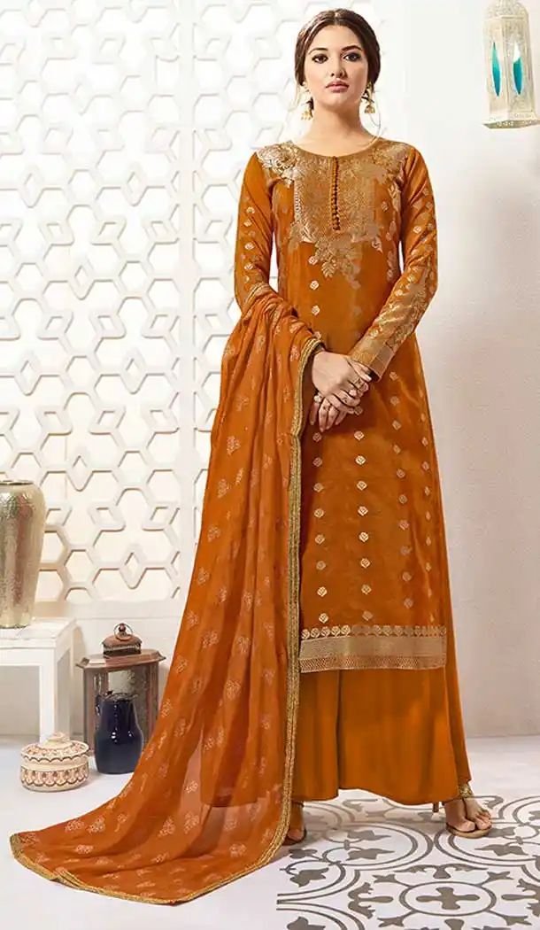 Rust Orange Color Banarasi Silk Evening Party Wear Palazzo Salwar Kameez - 65505639