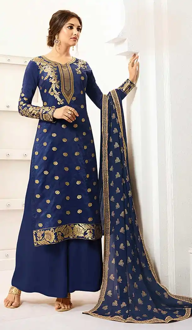 Royal Blue Color Banarasi Silk Evening Party Wear Palazzo Salwar Kameez - 65505640