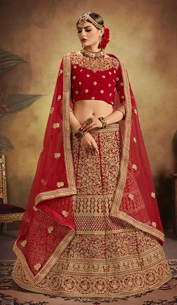 Red Color Velvet Designer Indian Bridal Fashion Wedding Lehenga Choli - 65525654