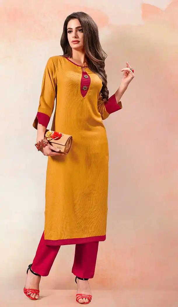 Musturd Yellow Color Rayon Casual Party Wear Readymade Kurti - 65535660