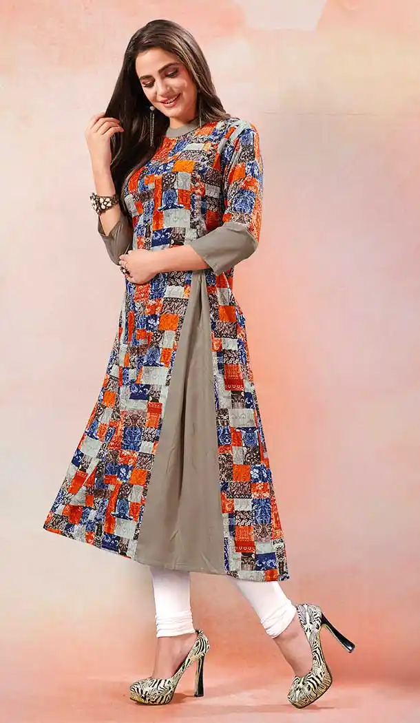 Grey And Multi Color Rayon Casual Party Wear Readymade Kurti - 65535663