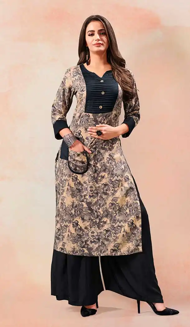 Grey And Black Color Rayon Casual Party Wear Readymade Kurti - 65535664