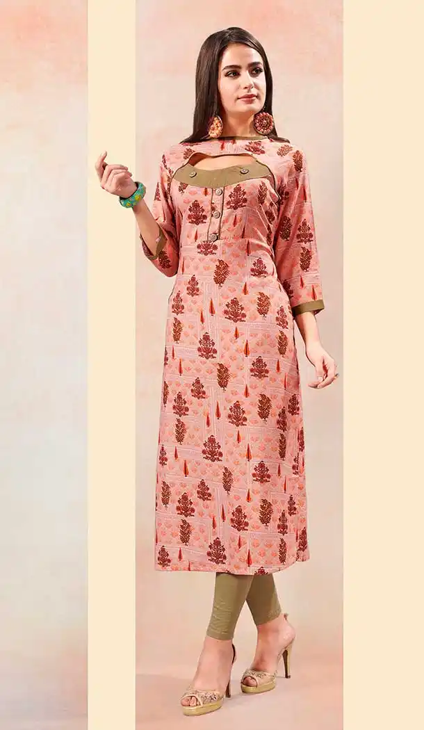 Ethnic Peach Color Rayon Casual Party Wear Readymade Kurti - 65535666