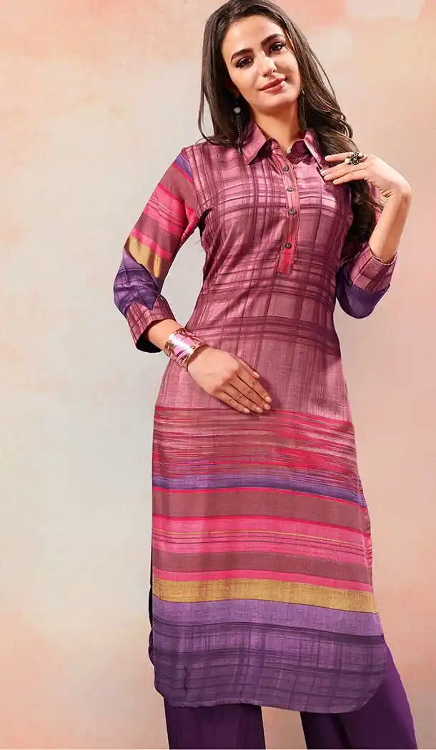 Charming Pink And Purple Color Rayon Casual Party Wear Readymade Kurti - 65535667