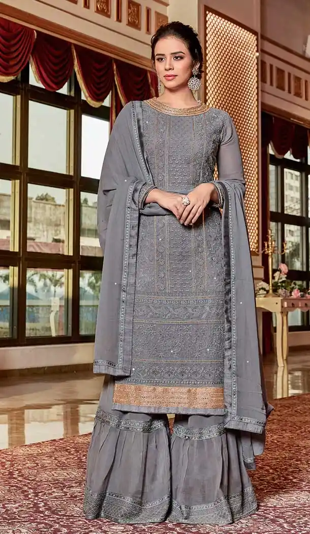 Grey Color Georgette Embroidery Sharara Salwar Kameez Bazaar - 545968147