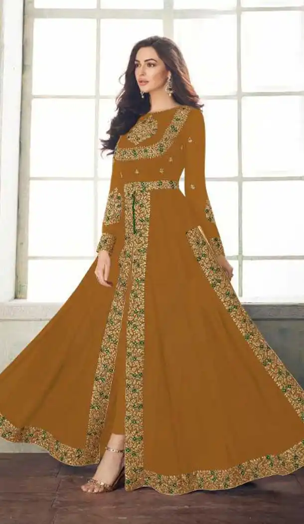 Charming Musterd Color Real Georgette Achkan Style Pakistani Churidar Suit - 546068150