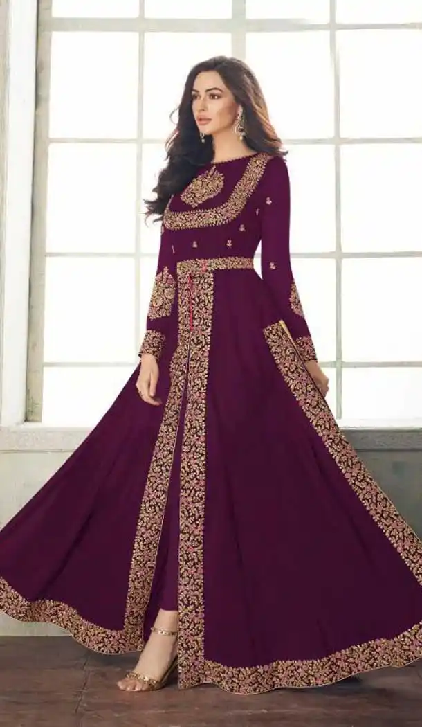 Marvelous Purple Color Real Georgette Achkan Style Pakistani Churidar Suit - 546068152