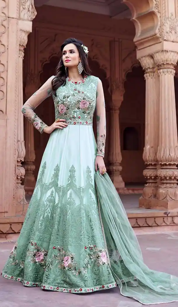 Ravishing Sky Blue Color Net Designer Abaya Style Pakistani Long Gown Dress - 389358824