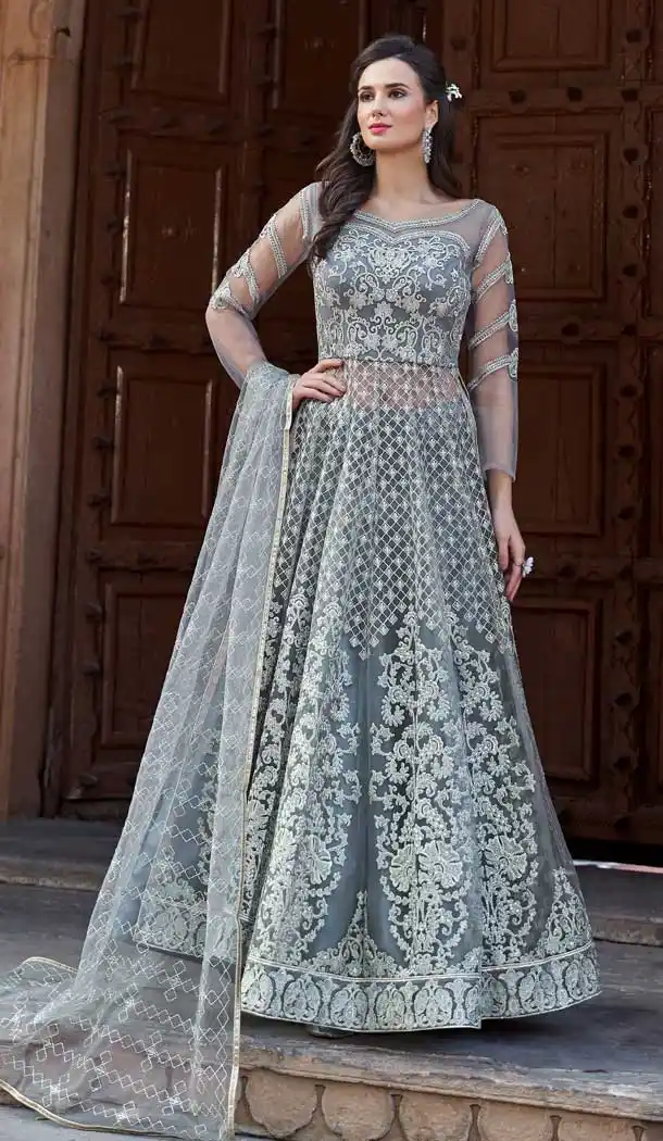 Grey Color Net Designer Pakistani Long Lehenga Style Salwar Kameez - 389358825