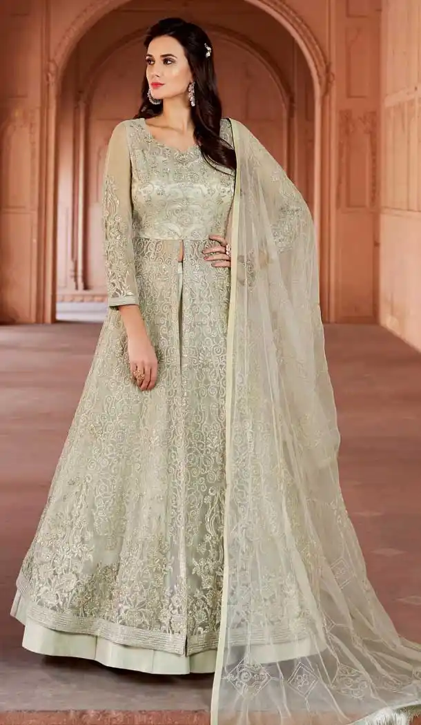 Gleaming Beige Color Net Designer Pakistani Long Lehenga Style Salwar Kameez - 389358826