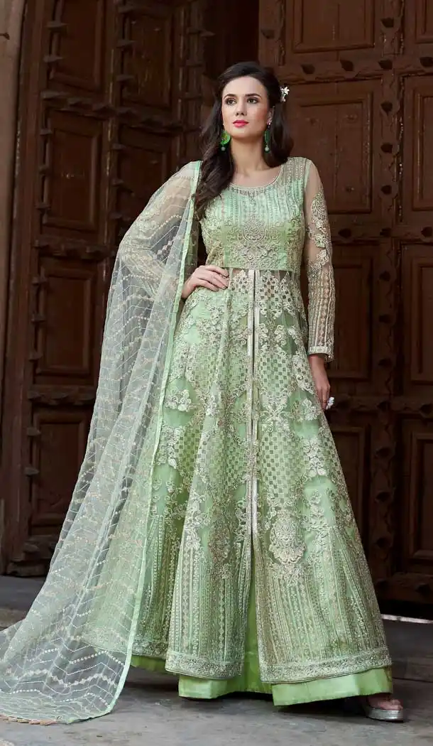 Light Green Color Net Designer Pakistani Long Lehenga Style Salwar Kameez - 389358828