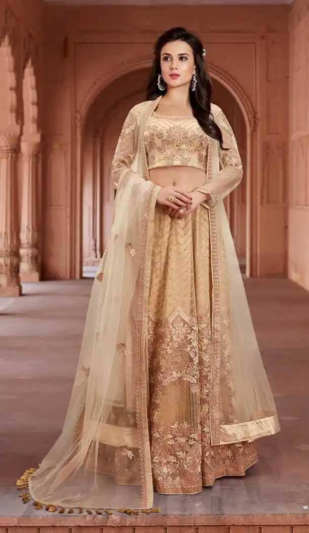 Light Orange Color Net Designer Pakistani Long Lehenga Style Salwar Kameez - 389358831