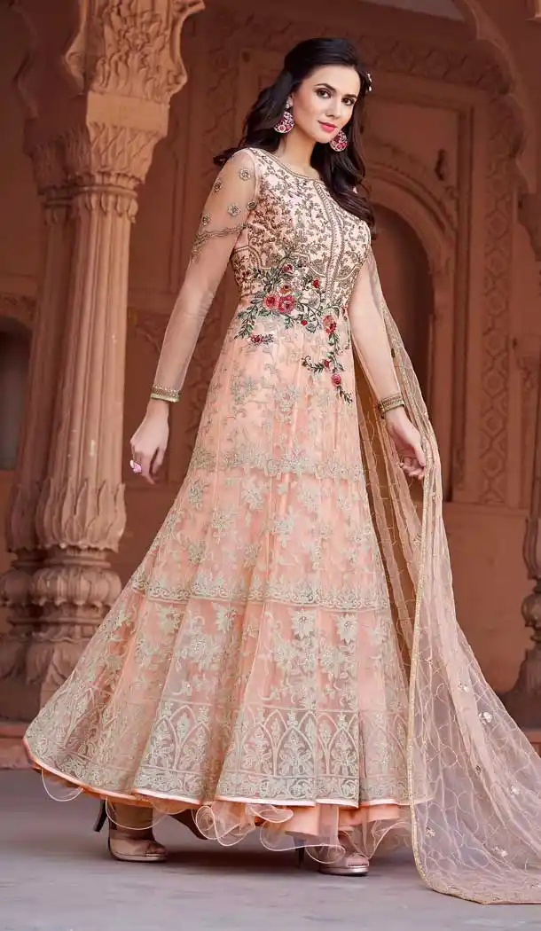 Classy Cream Color Net Designer Abaya Style Pakistani Long Gown Dress - 389358832