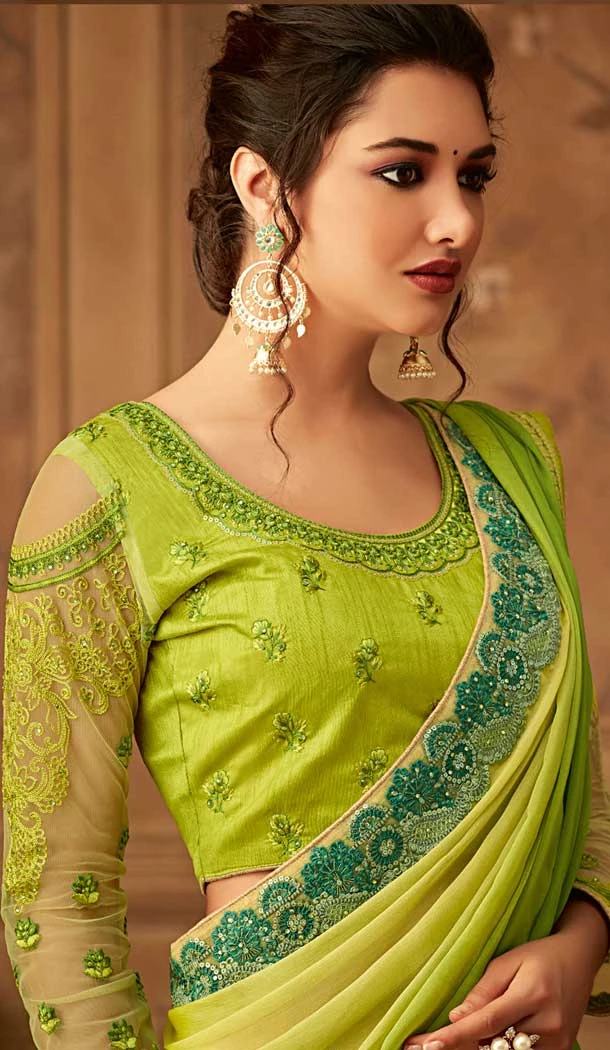 Olive Green Color Soft Chiffon Designer Blouse with Party Wear Saree - 548068416