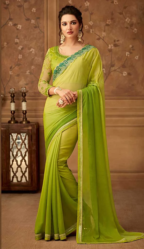 Olive Green Color Soft Chiffon Designer Blouse with Party Wear Saree - 548068416