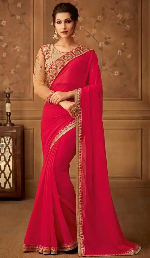 Red Color Kasab Georgette Designer Blouse with Party Wear Saree - 548068421