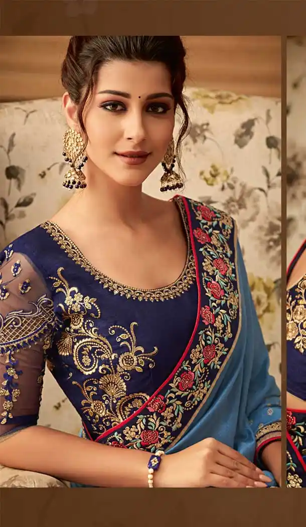 Blue Color Magestic Silk Designer Blouse with Party Wear Saree - 548068422