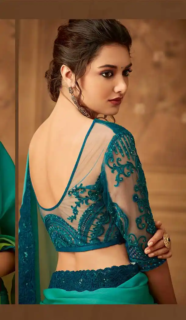 Multi Green Color Organic Silk Chiffon Designer Blouse with Party Wear Saree - 548068427