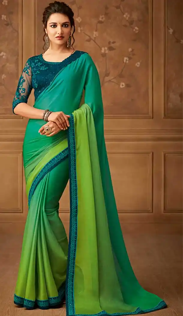Multi Green Color Organic Silk Chiffon Designer Blouse with Party Wear Saree - 548068427