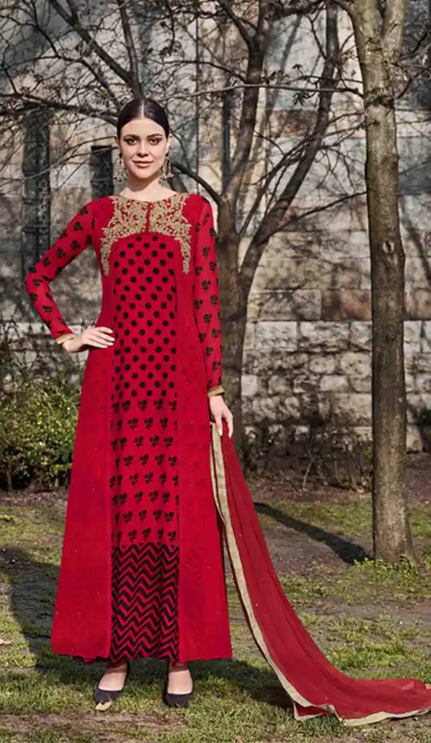 Red Color Printed Georgette Evening Party Wear Pakitani Salwar Kameez - 389558839