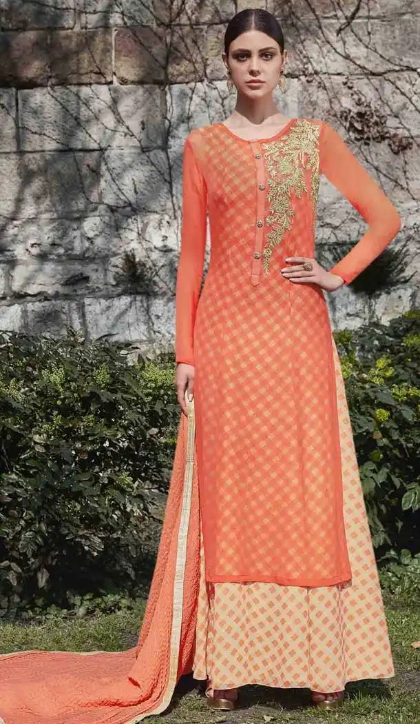 Unique Salmon Color Printed Georgette Evening Party Wear Pakitani Salwar Kameez - 389558844