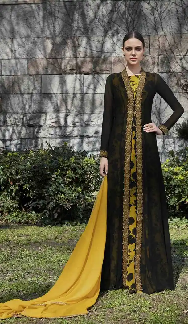 Black Yellow Color Printed Georgette Evening Party Wear Pakitani Salwar Kameez - 389558846