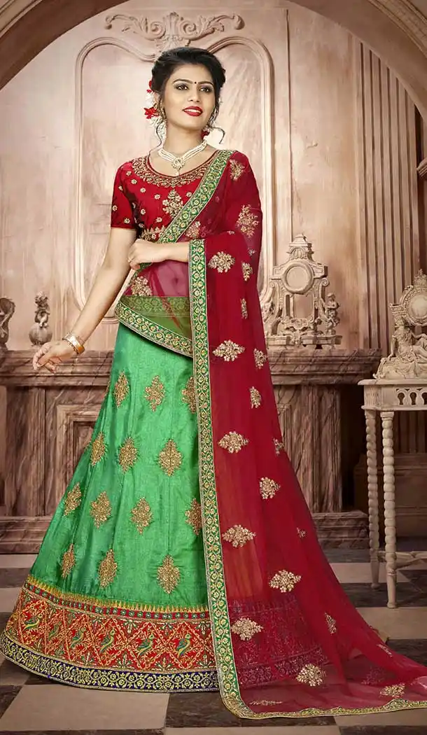Green Color Art Silk Embroidery Treditional Wear Lehenga Choli - 65635743