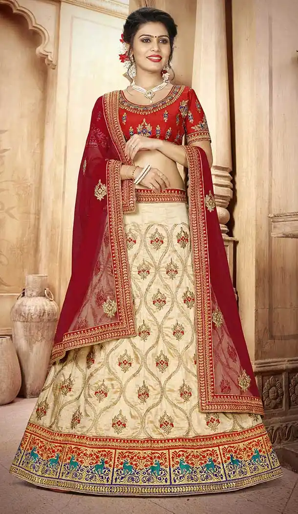Cream Color Art Silk Embroidery Treditional Wear Lehenga Choli - 65635748