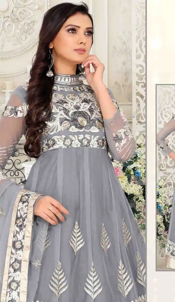 Grey Color Net Designer Style Anarkali Salwar Kameez - 389658849