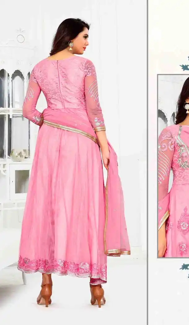 Luscious Rose Pink Color Net Designer Style Anarkali Salwar Kameez - 389658850