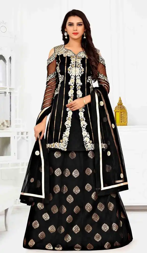 Unique Black Color Net Designer Style Anarkali Lehenga Salwar Kameez - 389658853