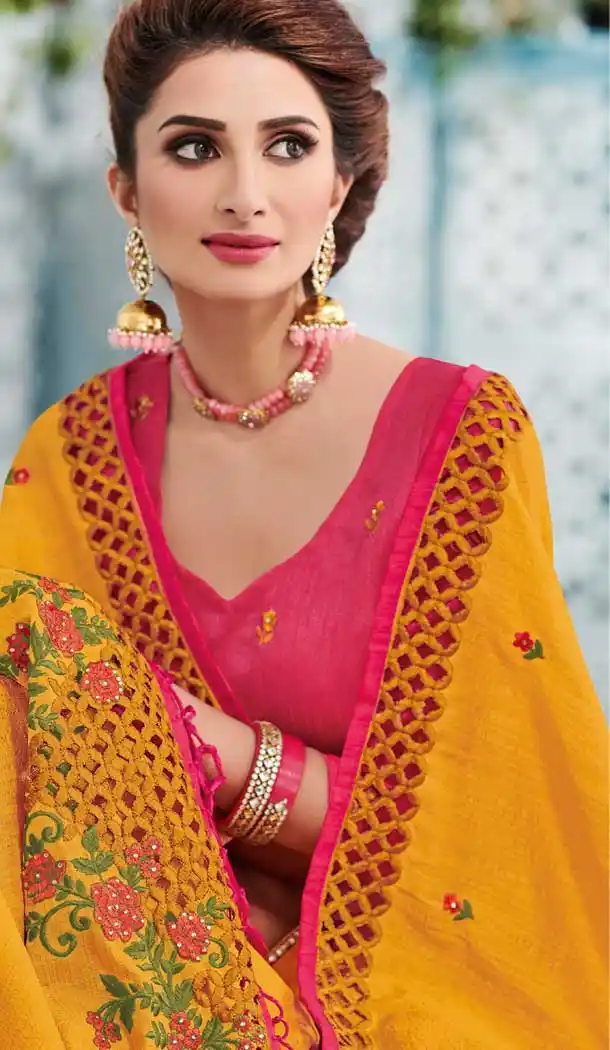 Yellow Dupion Silk Embroidered Traditional Saree Look
