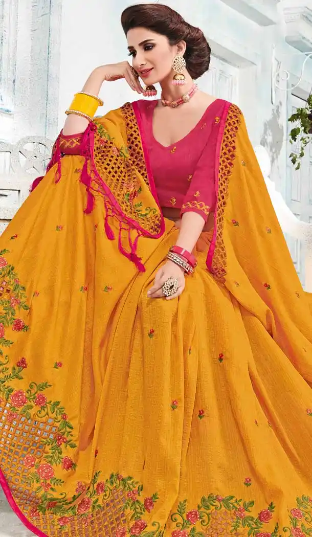 Yellow Dupion Silk Embroidered Traditional Saree Look