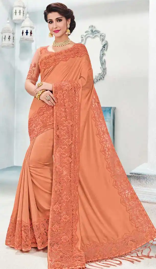 Rust Silk Embroidered Traditional Saree Online