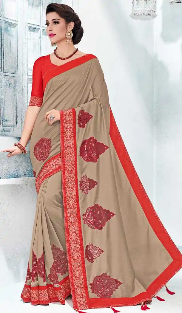Tan Silk Embroidered Traditional Saree Of Assam