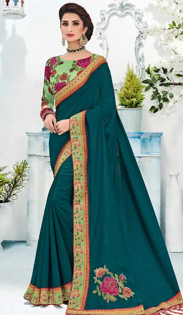 Blue Silk Embroidered Traditional Saree Draping